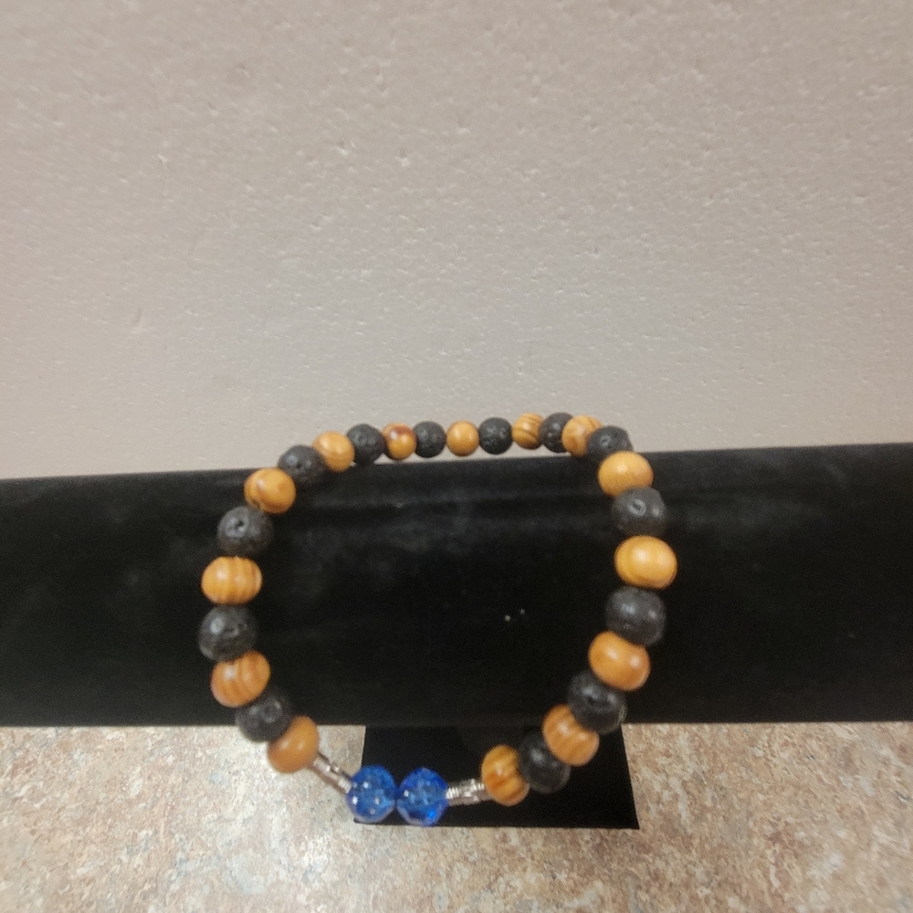 Handcrafted Men's Silver, Lava, Wooden, and Blue Saffire Bead Stretch Bracelet